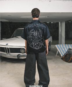 Wide Short Sleeve American Street Style Shirt with Evil Star Witch Embroidery - Trendy Oversized Acetic Acid Top