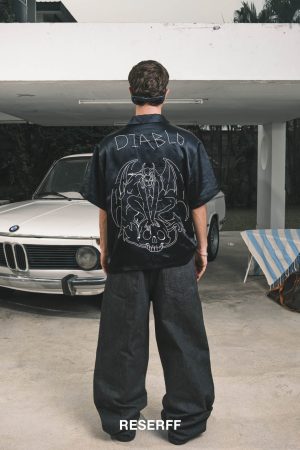 Wide Short Sleeve American Street Style Shirt with Evil Star Witch Embroidery - Trendy Oversized Acetic Acid Top