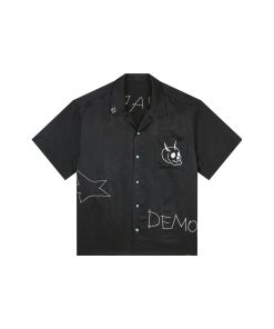 Wide Short Sleeve American Street Style Shirt with Evil Star Witch Embroidery - Trendy Oversized Acetic Acid Top