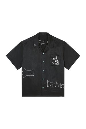 Wide Short Sleeve American Street Style Shirt with Evil Star Witch Embroidery - Trendy Oversized Acetic Acid Top