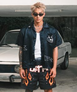 Wide Short Sleeve American Street Style Shirt with Evil Star Witch Embroidery - Trendy Oversized Acetic Acid Top