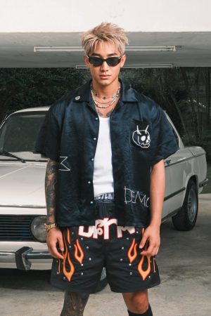 Wide Short Sleeve American Street Style Shirt with Evil Star Witch Embroidery - Trendy Oversized Acetic Acid Top
