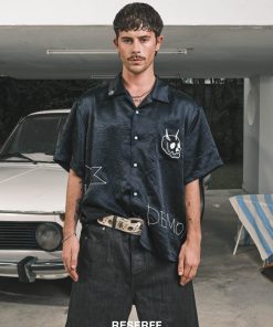 Wide Short Sleeve American Street Style Shirt with Evil Star Witch Embroidery - Trendy Oversized Acetic Acid Top