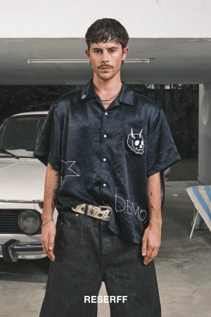 Wide Short Sleeve American Street Style Shirt with Evil Star Witch Embroidery - Trendy Oversized Acetic Acid Top