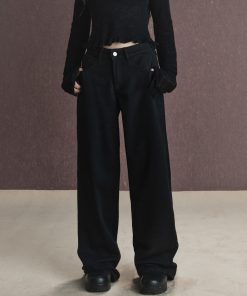 Wide Waist Design Black Straight-Leg Jeans for Women - Loose and Slimming Autumn Long Pants