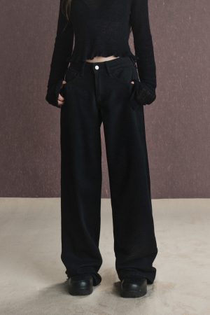 Wide Waist Design Black Straight-Leg Jeans for Women - Loose and Slimming Autumn Long Pants