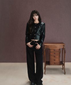 Wide Waist Design Black Straight-Leg Jeans for Women - Loose and Slimming Autumn Long Pants