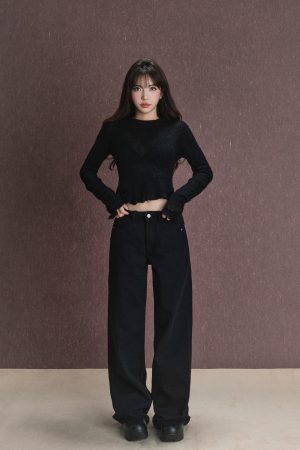 Wide Waist Design Black Straight-Leg Jeans for Women - Loose and Slimming Autumn Long Pants