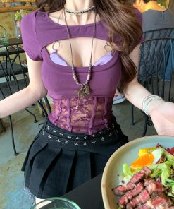 Wild Cool Girl Short Sleeve Lace Hollow T-shirt for Women - Summer Slimming Waist Black Top, Trendy Y2K Style