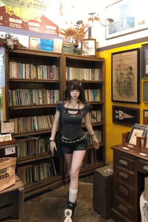 Wild Walk Lace Halter Short Sleeve T-Shirt for Women - Sexy Two-Piece Look, Slim Fit, Summer Style, 90s Inspired Fashion