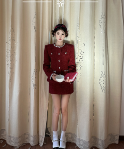 Wine Red High-End Tweed Waistcoat and Low-Waist Skirt Set for Festivals, Y2K Style, Chic Summer Outfit