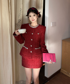 Wine Red High-End Tweed Waistcoat and Low-Waist Skirt Set for Festivals, Y2K Style, Chic Summer Outfit