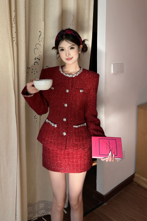 Wine Red High-End Tweed Waistcoat and Low-Waist Skirt Set for Festivals, Y2K Style, Chic Summer Outfit