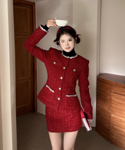 Wine Red High-End Tweed Waistcoat and Low-Waist Skirt Set for Festivals, Y2K Style, Chic Summer Outfit