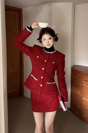Wine Red High-End Tweed Waistcoat and Low-Waist Skirt Set for Festivals, Y2K Style, Chic Summer Outfit