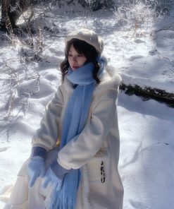 Winter 2025 Women's Loose White Overcoat Cute Snow Puff Pudding Bear JK Uniform Long Sweater Coat