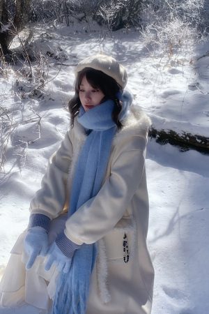 Winter 2025 Women's Loose White Overcoat Cute Snow Puff Pudding Bear JK Uniform Long Sweater Coat