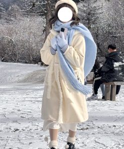 Winter 2025 Women's Loose White Overcoat Cute Snow Puff Pudding Bear JK Uniform Long Sweater Coat