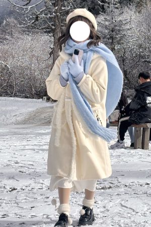 Winter 2025 Women's Loose White Overcoat Cute Snow Puff Pudding Bear JK Uniform Long Sweater Coat