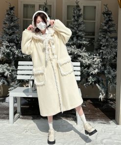 Winter 2025 Women's Loose White Overcoat Cute Snow Puff Pudding Bear JK Uniform Long Sweater Coat