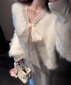 Winter Bowknot White Eco-Friendly Fur Coat Women's Heavy-Duty Soft Knitted Cardigan Sweater for Cozy Chic Style
