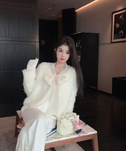 Winter Bowknot White Eco-Friendly Fur Coat Women's Heavy-Duty Soft Knitted Cardigan Sweater for Cozy Chic Style
