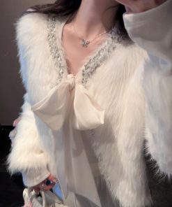 Winter Bowknot White Eco-Friendly Fur Coat Women's Heavy-Duty Soft Knitted Cardigan Sweater for Cozy Chic Style