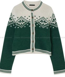 Winter Christmas Snowflake Color Hook Flower Knitted Cardigan in Korean Style