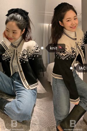 Winter Christmas Snowflake Color Hook Flower Knitted Cardigan in Korean Style