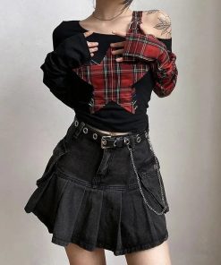 Winter Formal Outfits For Women Classy, Emo Style Ideas - Grunge Plaid Star Patch Top
