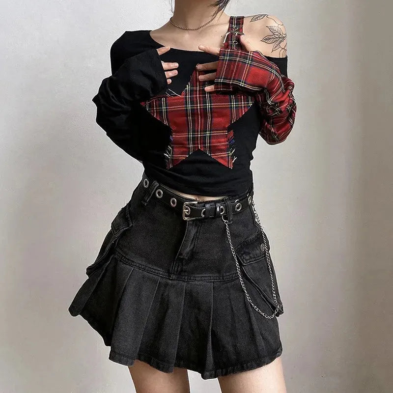 Winter Formal Outfits For Women Classy, Emo Style Ideas - Grunge Plaid Star Patch Top Winter Formal Outfits For Women Classy, Emo Style Ideas - Grunge Plaid Star Patch Top
