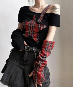 Winter Formal Outfits For Women Classy, Emo Style Ideas - Grunge Plaid Star Patch Top