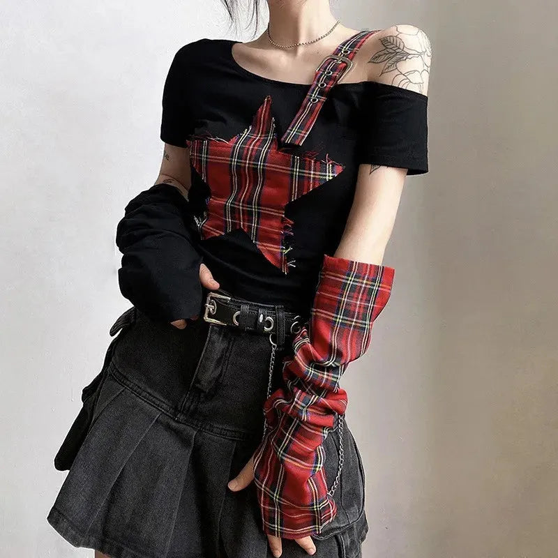 Winter Formal Outfits For Women Classy, Emo Style Ideas - Grunge Plaid Star Patch Top Winter Formal Outfits For Women Classy, Emo Style Ideas - Grunge Plaid Star Patch Top