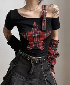 Winter Formal Outfits For Women Classy, Emo Style Ideas - Grunge Plaid Star Patch Top