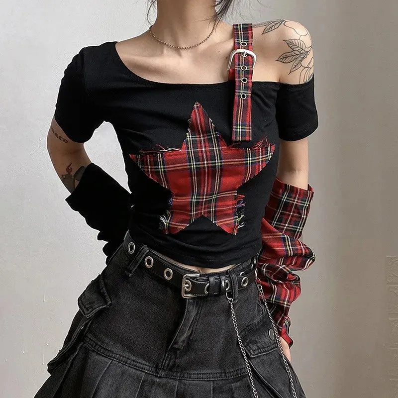 Winter Formal Outfits For Women Classy, Emo Style Ideas - Grunge Plaid Star Patch Top Winter Formal Outfits For Women Classy, Emo Style Ideas - Grunge Plaid Star Patch Top