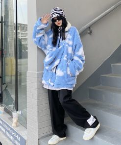 Winter Loose Blue Sky White Cloud Lamb Fleece Thick Jacket - Trendy Unisex Casual Streetwear, Versatile Layering Piece, Cozy INS Style