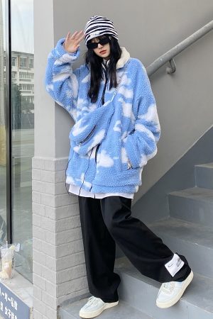 Winter Loose Blue Sky White Cloud Lamb Fleece Thick Jacket - Trendy Unisex Casual Streetwear, Versatile Layering Piece, Cozy INS Style