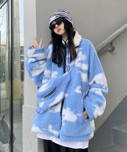 Winter Loose Blue Sky White Cloud Lamb Fleece Thick Jacket - Trendy Unisex Casual Streetwear, Versatile Layering Piece, Cozy INS Style