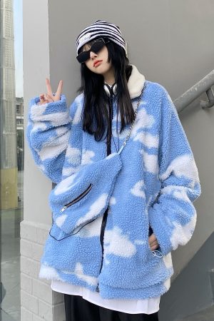 Winter Loose Blue Sky White Cloud Lamb Fleece Thick Jacket - Trendy Unisex Casual Streetwear, Versatile Layering Piece, Cozy INS Style