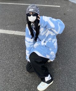 Winter Loose Blue Sky White Cloud Lamb Fleece Thick Jacket - Trendy Unisex Casual Streetwear, Versatile Layering Piece, Cozy INS Style