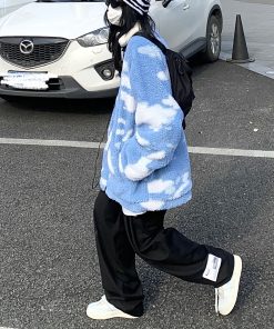 Winter Loose Blue Sky White Cloud Lamb Fleece Thick Jacket - Trendy Unisex Casual Streetwear, Versatile Layering Piece, Cozy INS Style