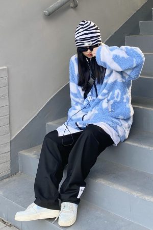 Winter Loose Blue Sky White Cloud Lamb Fleece Thick Jacket - Trendy Unisex Casual Streetwear, Versatile Layering Piece, Cozy INS Style