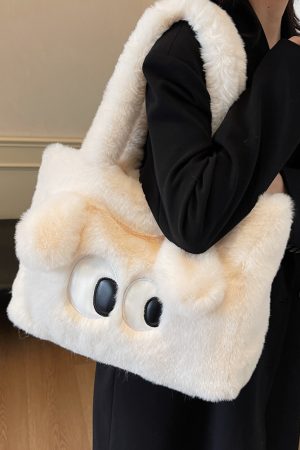 Winter Plush Shoulder Bag with Big Eyes - Versatile Large Capacity Tote for Women, 2025 Trendy Commuter Style