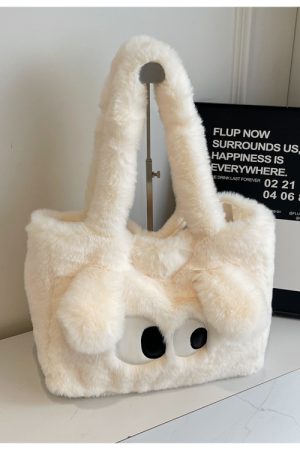 Winter Plush Shoulder Bag with Big Eyes - Versatile Large Capacity Tote for Women, 2025 Trendy Commuter Style
