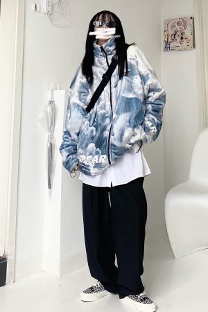 Winter Reversible Thick Cotton Lamb Fleece Jacket - Loose Spliced Cloud Design for Couples - Japan & South Korea Inspired Fashion