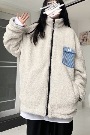 Winter Reversible Thick Cotton Lamb Fleece Jacket - Loose Spliced Cloud Design for Couples - Japan & South Korea Inspired Fashion
