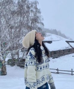 Winter Ski Nordic Retro Fair Isle Christmas Tree Sweater Cardigan for Women - Cozy Loose Knit Holiday Fashion