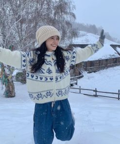 Winter Ski Nordic Retro Fair Isle Christmas Tree Sweater Cardigan for Women - Cozy Loose Knit Holiday Fashion