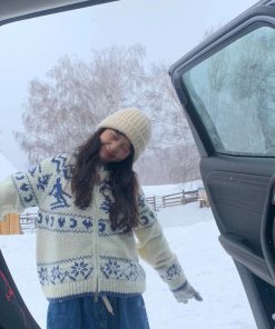 Winter Ski Nordic Retro Fair Isle Christmas Tree Sweater Cardigan for Women - Cozy Loose Knit Holiday Fashion