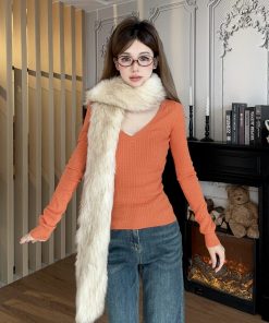 Winter Slim Fit V-Neck Long Sleeve Cable Knit Top for Women - Vintage Style, Sexy Base Layer